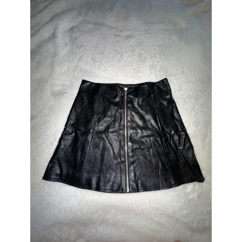 Subdued Faux Leather‎ Mini Skirt Full Zip A-Line Black Made in Italy S